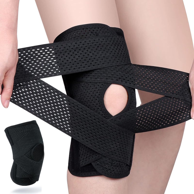 Knee Brace with Side Stabilizer, 1PC Breathable Knee Support Brace Open-Patella Stabilizer Adjustable Compression Knee Brace for Men Women Meniscus Tear MCL Arthritis Joint Pain Relief (Black, L)